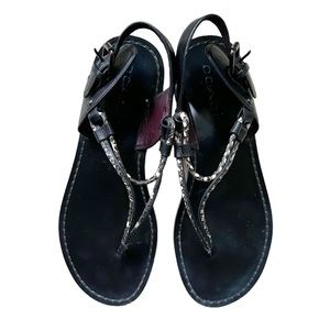 Coach Clarkson Black White Snakeskin Flat Leather Thong Sandals, sz 7